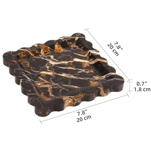 Square Marble Decorative Tray with Scalloped Edge,Luxury Natural Stone Bathroom Vanity Tray, Dresser Top Perfume Coffee Home Kitchen Toilet Sink Tray, Key Trinket Ring (Black Gold, 8 * 8) - color: Black Gold, size: 8" x 8" x 0.8"