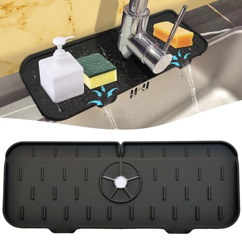 Gosmol Kitchen Faucet Sink Splash Guard - Faucet Guard & Draining Mat Black | Silicone water catcher mat, Sink drain pad behind fauce; Sink rubber mat, Faucet Mat, kitchen bathroom protect around faucet - color: Black