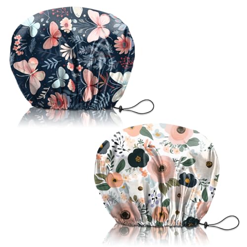 2 PCS Shower Cap Reusable Waterproof Adjustable Double Layer Elastic Dry Hair Bathing Caps Aesthetic Cute for Women Girls-Butterfly Flower - color: H-16-Butterfly Flower