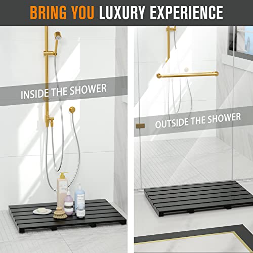 Bath Mat for Bathroom Luxury Shower - Non-Slip Bamboo Wooden Waterproof Floor Mat for Indoor or Outdoor Use(Black) - color: Black, size: 21.3" x 14.2" (Rectangular)