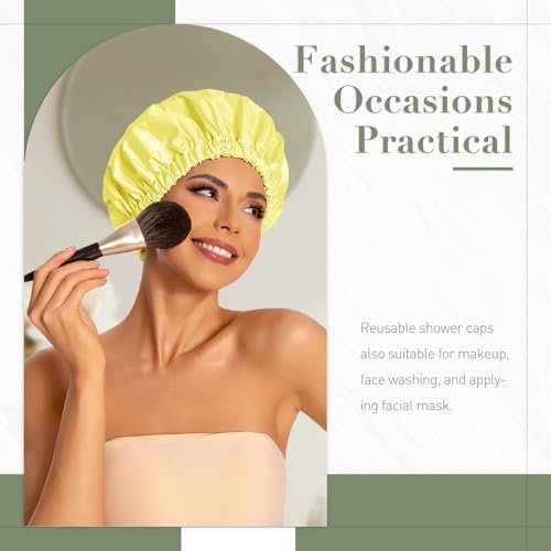 Reusable Shower Cap for Women, Large Waterproof Shower Bonnet Washable Elastic Band Bath Accessories Hair Hat for Long Hair, Braids(Bright Yellow) | Washable Design, Wide Elastic Band, Large Fit, Holds Long Hair, Braids Friendly, Bath Accessories, Spa, Tr