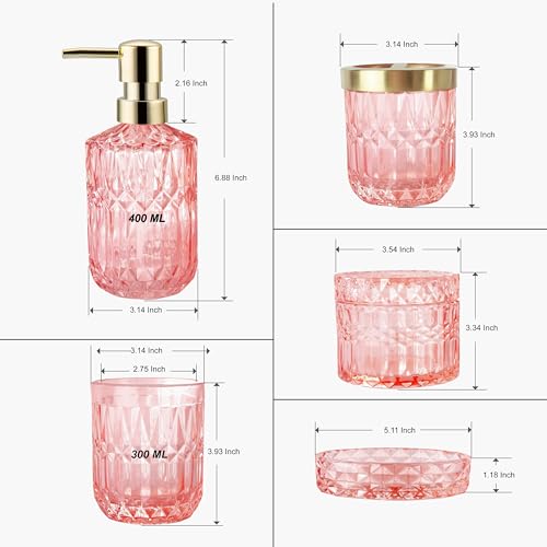 LaMarriti 5pcs Pink Bathroom Accessory Set, Clear Glass Bathroom Set, Soap Dispenser and Toothbrush Holder Set, Soap Dish, Tumbler, Qtips Holder for Crystal Modern Bathroom Decor, Set - style: Pink