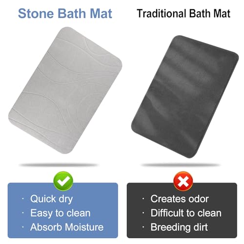 Stone Bath Mat, 2 Pack Diatomaceous Earth Shower Mat, Non-Slip Super Absorbent Quick Drying Bathroom Floor Mat, 24x15, Light Grey - color: Light Grey, size: 24" x 15" (2 Pack)