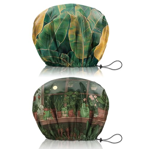 2 PCS Shower Cap Reusable Waterproof Double Layers Hair Caps Shower Bath Adjustable Elastic Hat for Women Girls Cute Aesthetic-Leaf Frog - color: AI20-Leaf Frog