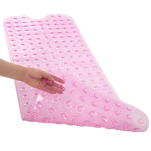 Bathtub and Shower Mats, Extra Long Non-Slip Bath Tub Mat 39 x 16 Inch, Machine Washable Bathmat with Suction Cups & Drain Holes for Bathroom Floor, Clear Pink - color: Clear Pink