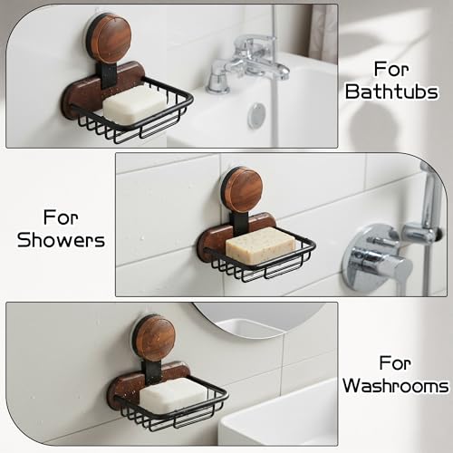 Dish Soap Holder for Shower - Suction Cup Wall Mounted Bar Soap Tray, Carbon Steel Self Draining Sponge Holder, No-Drilled Removable Adhesive Basket Caddy for Bathroom Bathtub Kitchen Sink