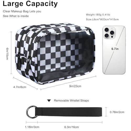 Clear Makeup Bag for Women, Double Zipper Travel Toiletry Cosmetic Bags, Portable Make up Bag Organizer Case Travel Essentials, Checkered - color: Checkered 166