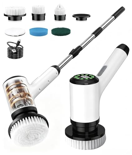 Cordless Electric Spin Scrubber, 6 Brush Heads, Long Handle | Power scrubber, adjustable long handle, IPX7 rated body, lightweight grip, bathroom, kitchen, tile, grout, tub, shower, floor - size: 6heads