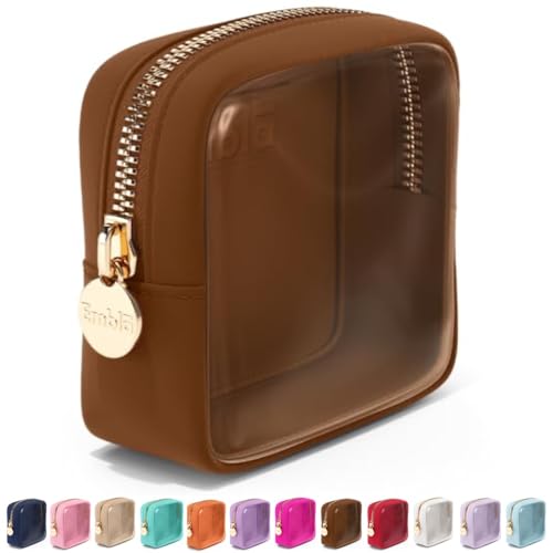 Embla Clear Cosmetic Bag Makeup Case, Clear Zipper Make Up Pouch and Toiletry Travel Tote, Cute Skincare Pouches for Women Girls, Preppy Purse Cosmetic Organizer, Mini Makeup Bags, Chocolate | Small Brown Clear Nylon/PVC Cosmetic Bag with Zipper, Waterpro