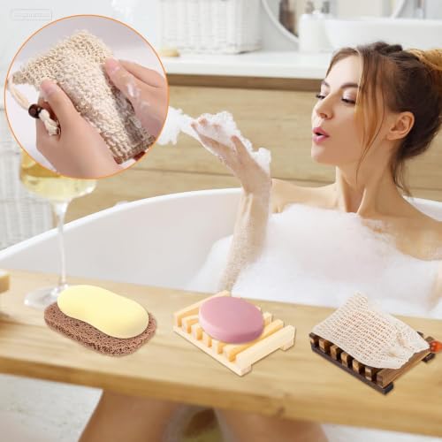 Supkiir 48 Pcs Soap Saver Set Including 16 Pcs Wooden Dish Holder, 16 Pcs Exfoliating Bag and 16 Pcs Saver Pads with Self Drain, Mix-color Soap Accessories Set for Shower Bath Toilet Kitchen and Hotel