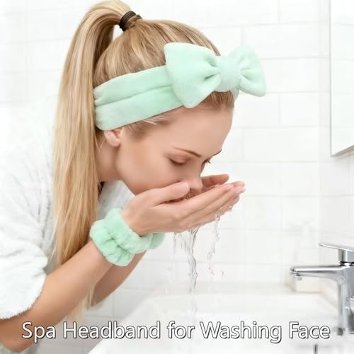 7 Pcs Spa Set, Facial Headband and Wristband Set, Skincare Accessories, College Style Girl Idea Gifts, Hair Accessories for Women and Girls（Light Green） - color: Light Green