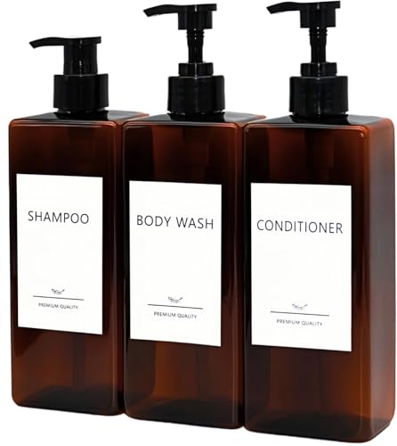 Shampoo and Conditioner Dispenser Set, 3Pack Refillable Shampoo and Conditioner Bottles with Labels, 500ml Soap Dispenser 16.9oz Shower Dispenser Square Pump Bottle for Bathroom and Kitchen - Amber - color: Amber - 3pack 16.9oz