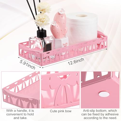 Pink Bow Toilet Paper Basket Cute Metal Toilet Tank Paper Holder with Handle Pink Bow Bathroom Storage Organizer Coquettish Preppy Accessories Decor for Bathroom Restroom - style: Pink Bow