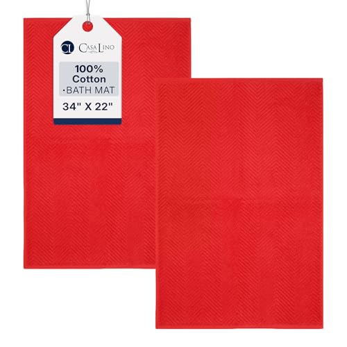 Casa Lino 100% Cotton Bath Mat Set of 2 (NOT A Rug) - 34" x 22" Bathroom Floor Towels - Machine Washable, Soft, Highly Absorbent & Quick Dry Bath Floor Towel (Red) - color: Red
