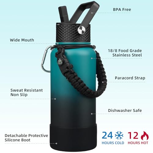 BJPKPK 32oz Insulated Water Bottles with 3 Lids, Paracord Handle & Non-slip Boot, Stainless Steel Metal Water Bottle,Reusable BPA Free Thermal Flasks, Tumblers, Army Green & Black - color: Army Green & Black, size: 32 Ounces