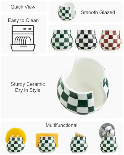 Zoeeker Kitchen Sponge Holder, Ceramic Sponge Organizer Checkered Scrubby Holder Sink Caddy Scrub Dish Rack for Kitchen, Bathroom, Sink, Christmas Decor, Green and White - color: Green and White, size: Barrel-type