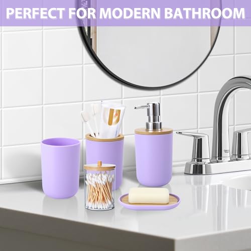 iMucci Bathroom Accessories Set 5Piece Light Purple Bathroom Sets, Toothbrush Holder, Toothbrush Cup, Lotion Soap Dispenser, Soap Dish and Qtip Holder Bathroom Decor - style: Light Purple
