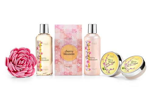 Cherry Blossom Spa Gift Basket for Women – Luxury Bath & Body Gift Set with Shower Gel, Bubble Bath, Body Scrub, Lotion & Bath Salts – Mother’s Day Self Care Gift for Mom