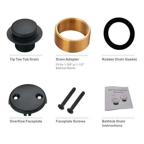 HIDROP Matte Black Tip Toe Tub Drain Trim Kit, 2-Hole Overflow Faceplate | Stainless Steel Bathtub Drain, Universal Fine/Coarse Thread fit 1-3/8" or 1-1/2" Tub Drain, Drain Replacement Kit - color: Black, style: 2 Holes