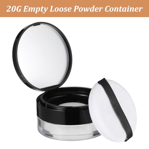 2 Pcs Loose Powder Container with Mirror, 20g(0.7oz) & 10g(0.33oz) Empty Reusable Compact with Rotatable Sifter, No Leak Powder Case with Sponge Puff for Travel DIY Makeup