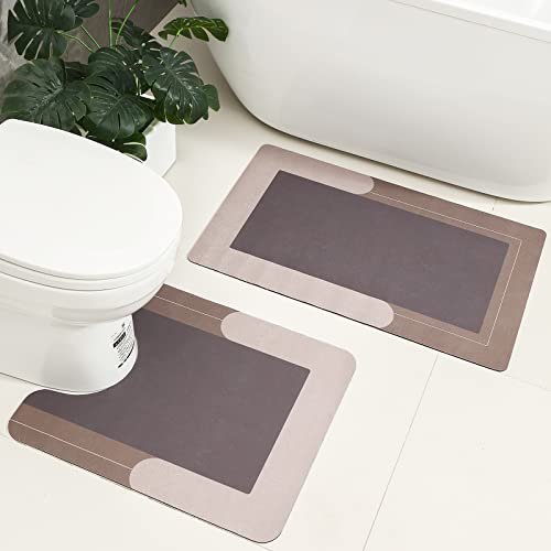 HelloTree 3PCS Bath Mat Rug Rubber Non Slip Quick Dry Rug Sets Super Absorbent Thin Bathroom Rugs Fit Under Door Khaki Washable Bathroom Floor Mats for in Front of Bathtub, Shower Room, Sink - color: Khaki, size: 20" X 32" + 20" X 47"+ U Shape 20" X 24"