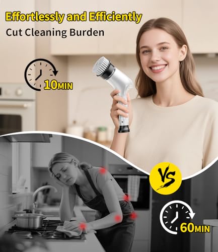 Electric Spin Scrubber, Cordless Household Cleaning Brush with 6 Replaceable Heads, 3 Speeds, LED Display, Lightweight Handheld Power Scrubber for Cleaning Stove/Bowl/Sink/Corner/Tile/Grout-White - color: White