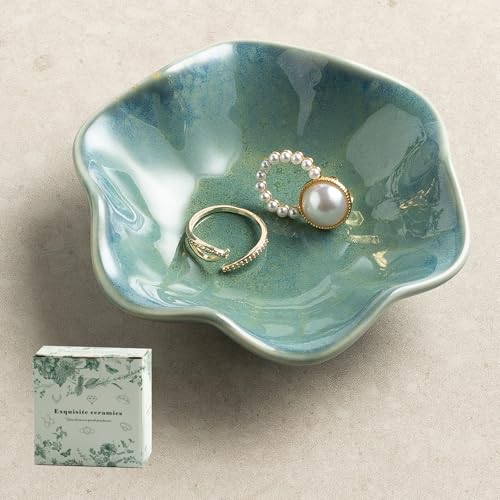 Ceramic Lotus Leaf Trinket Dish, Ring Holder for Jewelry | Keeps earrings, necklaces, keys, and keepsakes handy on vanities or nightstands, a sweet gift for moms, sisters, and friends - color: green