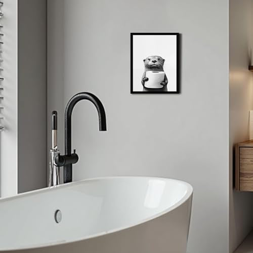 Urmoya Otter Holding Toilet Baper Funny Bathroom Decor Wall Art 8x10 in | Wood frame, Black and white bathroom decor, Otter with toilet roll print, Canvas print, Ready to hang - color: Otter, size: 10"L x 8"W