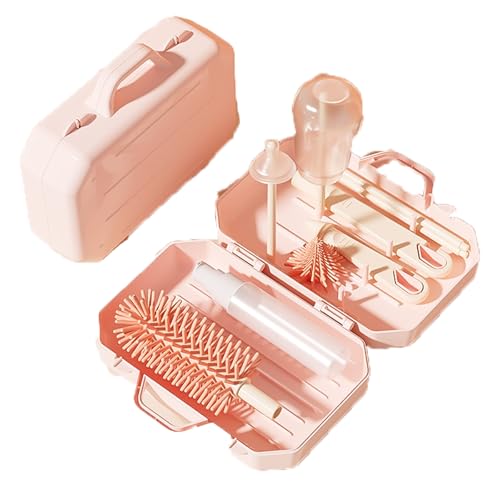 PandaEar Portable Bottle Brush Set with Case, Baby Travel Essential-6 in 1 Bottle Cleaning Tool, Bottle Cleaner Kit with Silicone Brush, Nipple Brush, Straw Brush, Bottle Dispenser, Pink