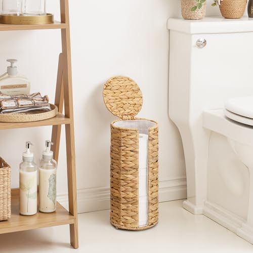 StorageWorks Water Hyacinth Free Standing Toilet Paper Holder Stand for Bathroom, 3 Rolls of Toilet Tissue Storage with a Built-in Cloth Lining, Toilet Roll Holder Stand with Lid (Pack of 2) - color: Natural（water Hyacinth）, size: 6¾"D(For 3 Roll) (Pack o