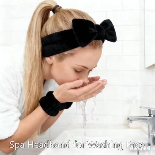 7 Pcs Spa Set, Facial Headband and Wristband Set, Skincare Accessories, College Style Girl Idea Gifts, Hair Accessories for Women and Girls (Black) - color: Black