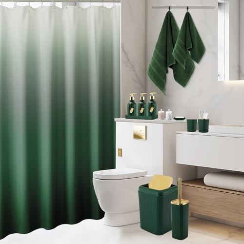 32PCS Bathroom Accessories Set Bathroom Set,Hunter Green Shower Curtain Set,Bath Towel Set,Hand Towel,Toilet Brush,Trash Can & 3PCS Soap Dispenser - size: Bath Set+Shower Curtain+Towel Set, style: Dark Green