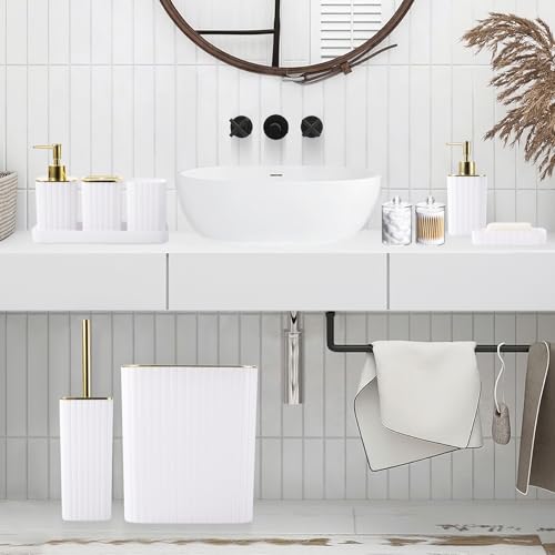 XLHOMO Bathroom Accessories Set - Gorgeous Bathroom Set, 10PC White Bathroom Accessory Set, Toilet Brush, Trash Can, Qtip Holder Dispenser & Soap Dispenser - size: Bath Set, style: White&Gold