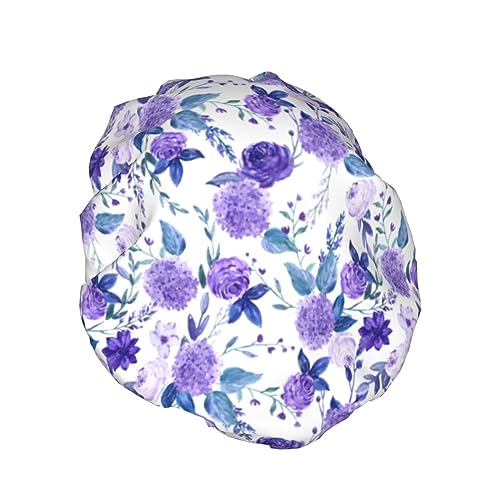 Violet Purple Rose Shower Cap For Women Adjustable Double Waterproof Layers Bathing Shower Hat Hair Protection Reusable Ladies Spa Salon Shower Hat - color: Purple Rose