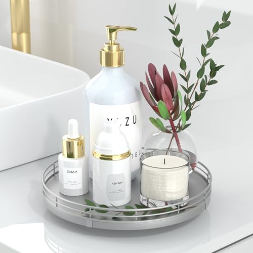 9" Silver Lazy Susan for Table Top, Oak Wood Lazy Susan Turntable Organizer for Dining Coffee Table Centerpiece Bar Decor Kitchen Countertop Bathroom Vanity Decorative Tray for Perfume Jewelry Round - color: Silver, size: 9