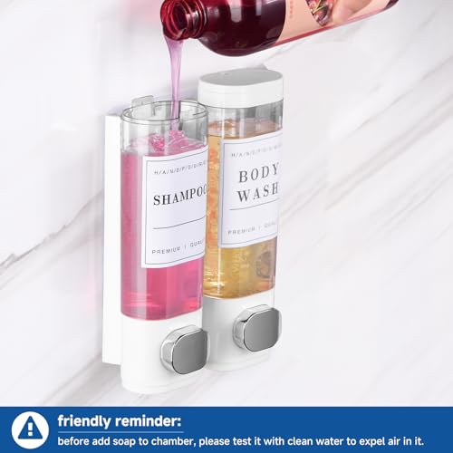 Shampoo and Conditioner Dispenser Bathroom Shower Soap Dispenser Wall Mounted Shampoo Dispenser for Shower Wall No Drill 2 * 300ml White 2 Chamber with Waterproof Labels Self - color: White 2