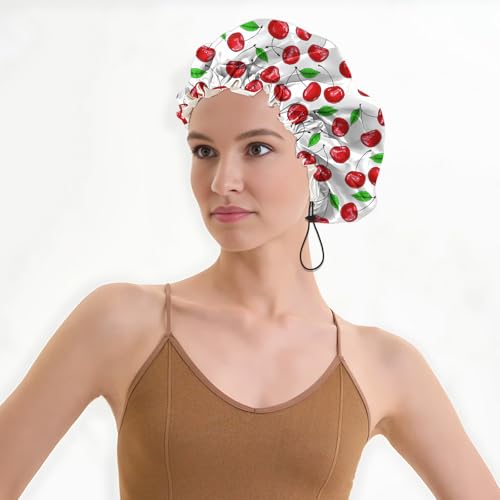 Luxury Shower Cap Satin Lined Reusable Waterproof Double Layer Elastic Adjustable Hair Bath Cap Cute Aesthetic Women Girls-Cherry - color: F4-Cherry