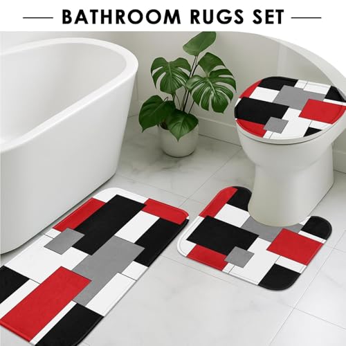 Red Geometric Shower Curtain Set with Toilet Lid Cover and Non-Slip Rugs for Bathroom, Black White Grey Checkered 4 Pcs Shower Curtain, Modern Abstract Bathroom Set with 12 Hooks - color: Abstract Geometric Red