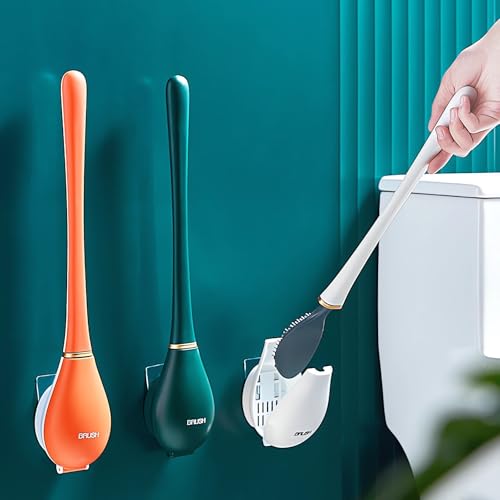 Modern Flexible Silicone Toilet Caspa for Home 2025 Silicone Toilet Wand Bowl Brush and Holder Cleaning Set Wall Mounted Rubber Bathroom Toilet Scrubber Bowl Cleaner Brushes with Dispenser (White) - color: White