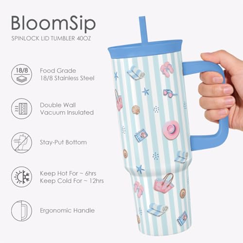 SANDJEST Beach Lover Stainless Steel Locking Lid Silicone Straw Tumbler with Handle 40oz, Insulated Stainless Steel Travel Cup for Women Girls Friends, Gift Idea for Birthday Vacation (Picnic Basket) - color: Beach Lover 2