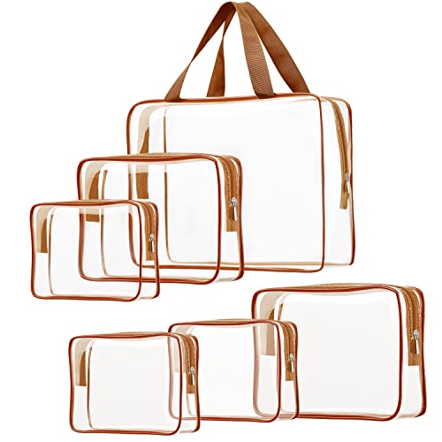 6pcs Clear Cosmetic Bags, TSA Approved Toiletry Bag Set Crystal Clear Travel Beach Essentials Bag Organization PVC, Clear Makeup Bags Luggage Pouch Carry on Airport Airline Compliant Bag Women Men - color: 6pcs Brown（1 Large, 2 Medium, 3 Small）