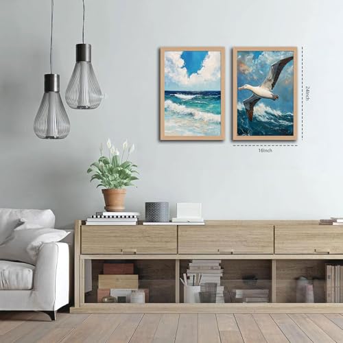 2Pcs Wood Framed Vintage Seascape Wall Art Coast Beach Seagulls Flying Over Waves Poster Canvas Print Modern Seaside Picture Home Decor Painting for Living Room Bedroom Bathroom12x16in - color: Birds Flying Over Waves, size: 12x16 Inches