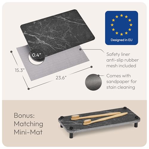 Stone Bath Mats for Bathroom - Diatomaceous Earth Bath Mat, Quick-Dry Bath Stone Mat & Large/Small Stone Shower Mat, Anti-Slip 100% Natural Stone Bathmat, 2 Stone Mats (Black Marble) - color: Black Marble