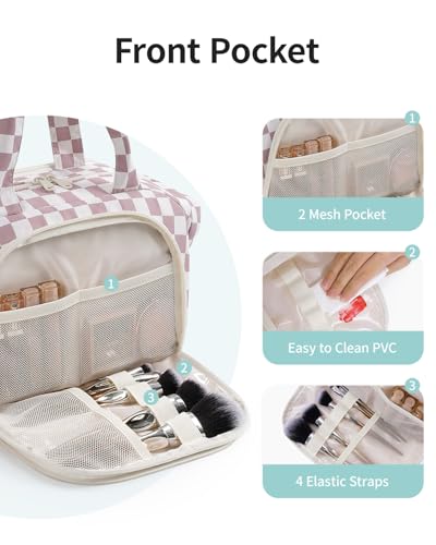 Narwey Travel Toiletry Bag for Women, Large Makeup Bag, Wide Open Cosmetic Make Up Organizer with Handle, Wet Pocket for Towel, Travel Bag for Toiletries, Brushes, Essentials (Dusty Pink Checker) - color: Dusty Pink Checkerboard