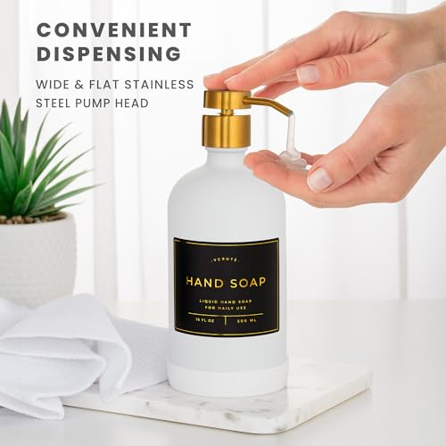 Hand and Dish Soap Dispenser for Kitchen and Bathroom, Set of 2 16 Oz Glass Bottles, Stainless Steel Pumps, Non-Slip Silicone Base, 27 Waterproof Labels (Matte White Bottle/Brushed Gold Pump) - color: Matte White Bottle / Brushed Gold Pump