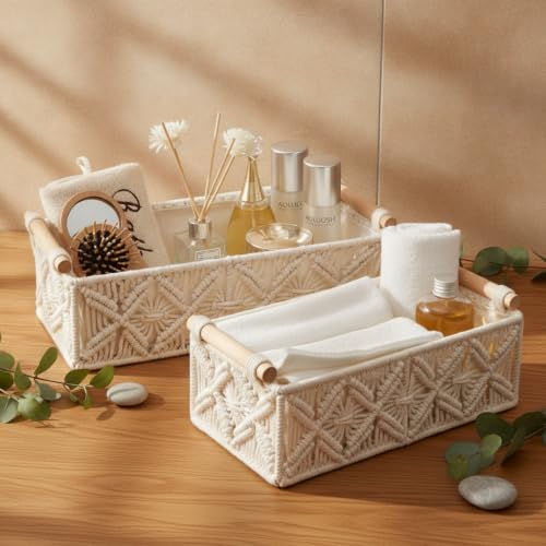 Macrame Storage Basket Boho Decor Baskets for Organizing Woven Decorative for Countertop Toilet Paper Basket for Tank Top for Home Decor Bedroom Nursery Livingroom Entryway (Set of 2) - color: white