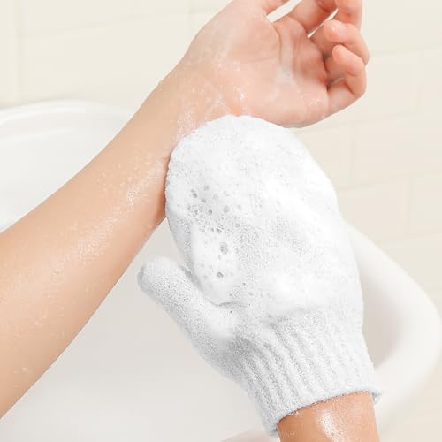 Nylon Exfoliating Gloves for Shower, 3Pcs Gentle Scrub Mitts for Body, Bath Gloves for Men and Women (White) - color: White