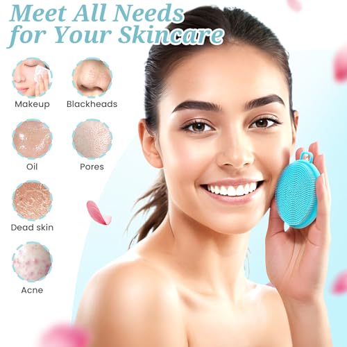 Silicone Back/Body/Face Scrubber & Soft Bath Glove Set 4PCS, Gentle Exfoliating Back & Body Scrubber with Dual-Side Brush Head, Hand-fit Bath Glove & Face Scrubber for Deep Cleaning(Blue-4PC) - color: Blue*4