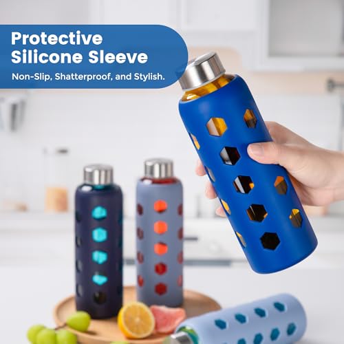 Mrsdry Glass Juice Bottles with Lids and Silicone Sleeves 18 oz, 4-Pack Reusable Clear Glass Water Bottles with Stainless Steel Airtight Cap for Juicing, Refrigerator, BPA Free Leak-Proof Drinking Jar - color: Navy