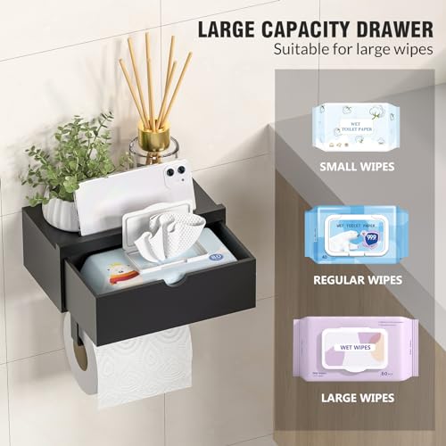 Domax Standard 8.46" Bamboo Toilet Paper Holder with Shelf and Storage Drawer - Wall Mount or Adhesive Bathroom Organizer for Tampons, Cotton Swabs, Wipes or More, Black - color: Black